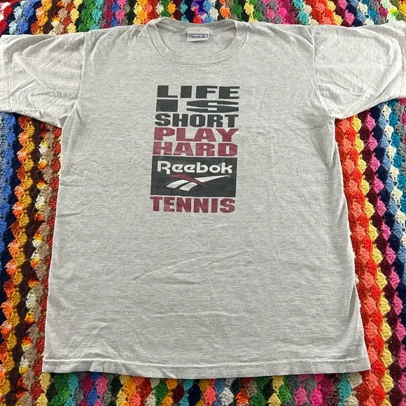 Vintage 90s Reebok Single Stitch Life Is Short Play Hard Tennis Tee Unis… - Picture 6 of 13